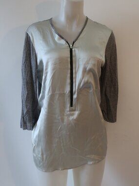 Womens AMS Pure Grey Silver (Item- 111) 1/2 Zip Silk Wool 3/4 Sleeve Tee Top S